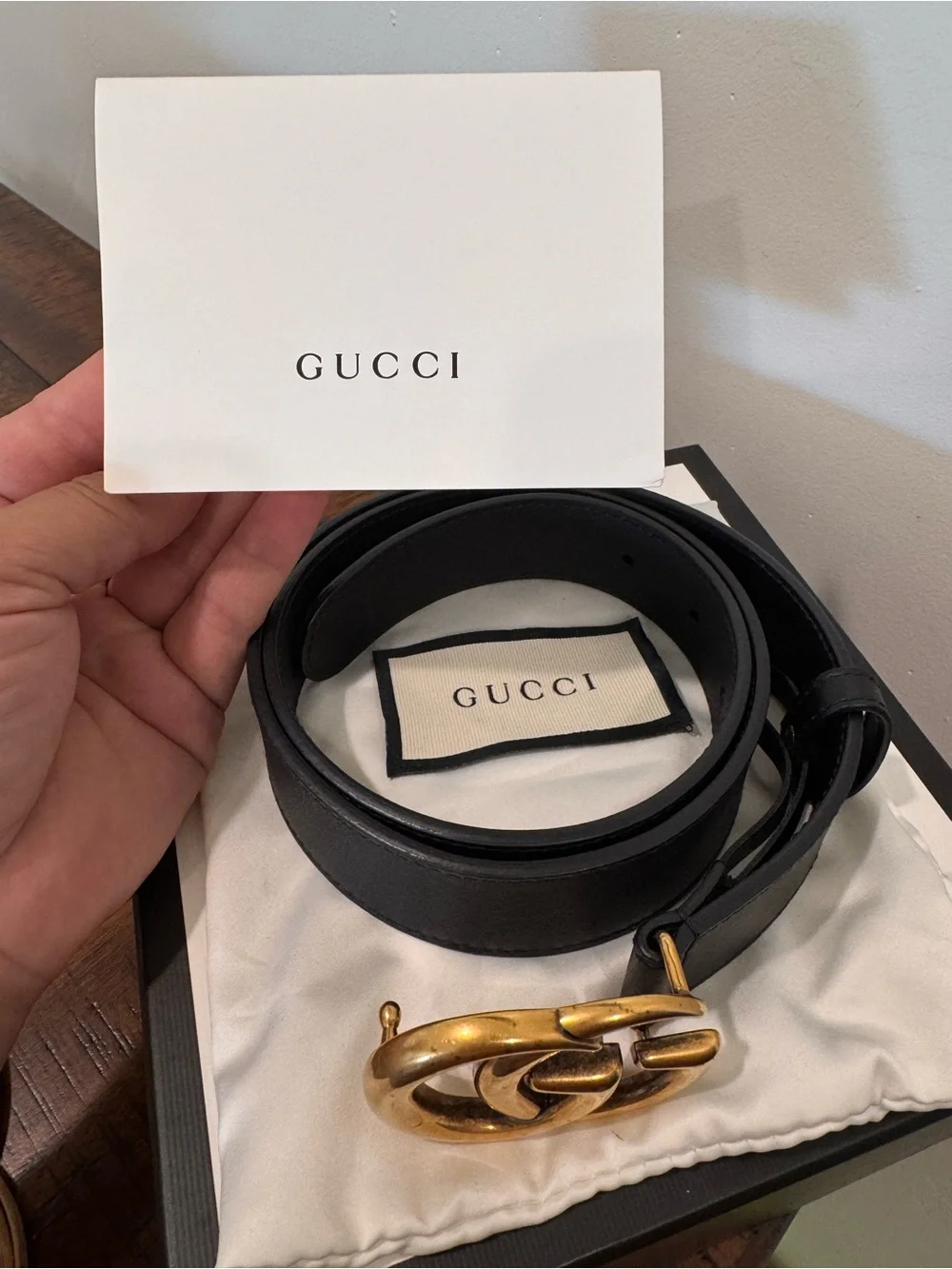 Gucci Black Leather Belt with Gold Double G Interlocking Buckle